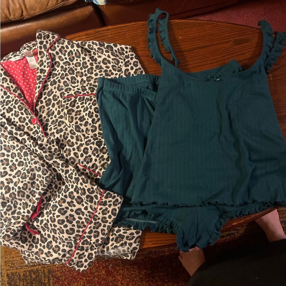 Teal Ribbed Tank & Short Pajama Set with Leopard Print long sleeve thin flannel